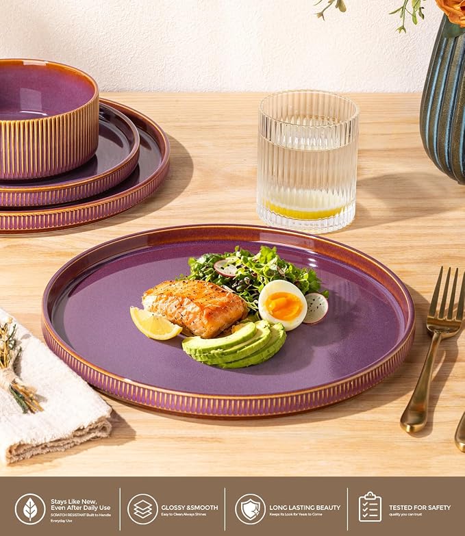 GBHOME 12-Piece Stoneware Dinnerware Set for 4 – Ribbed Ceramic Plates and Bowls, Scratch-Resistant, Microwave & Dishwasher Safe, Reactive Glaze,Purple Gradient