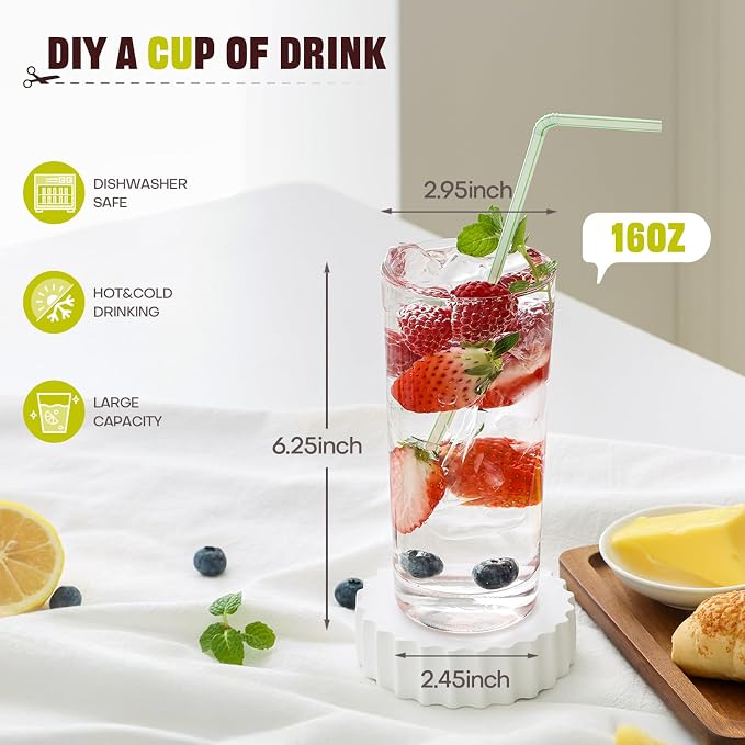 Highball Glasses Set of 8, 16oz Tall Drinking Glasses, Water Glass for Kitchen, Tom Collins Glasses, Mojito Glass Cups, Cocktail Glasses for Bar Glassware