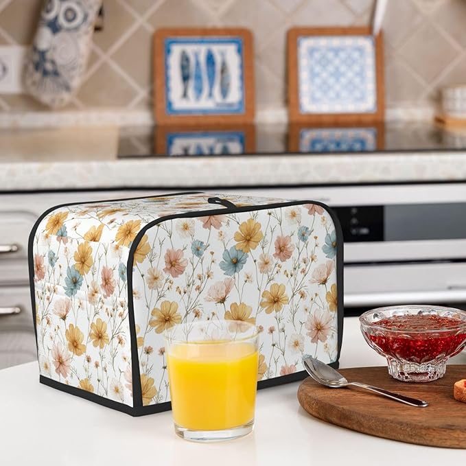 2 Slice Toaster Cover for Kitchen Botanica Flower Vintage Waterproof and Dustproof Toaster Dust Cover with Side Pockets Decorative Universal Cover for Wide Slot Toasters and Small Appliances