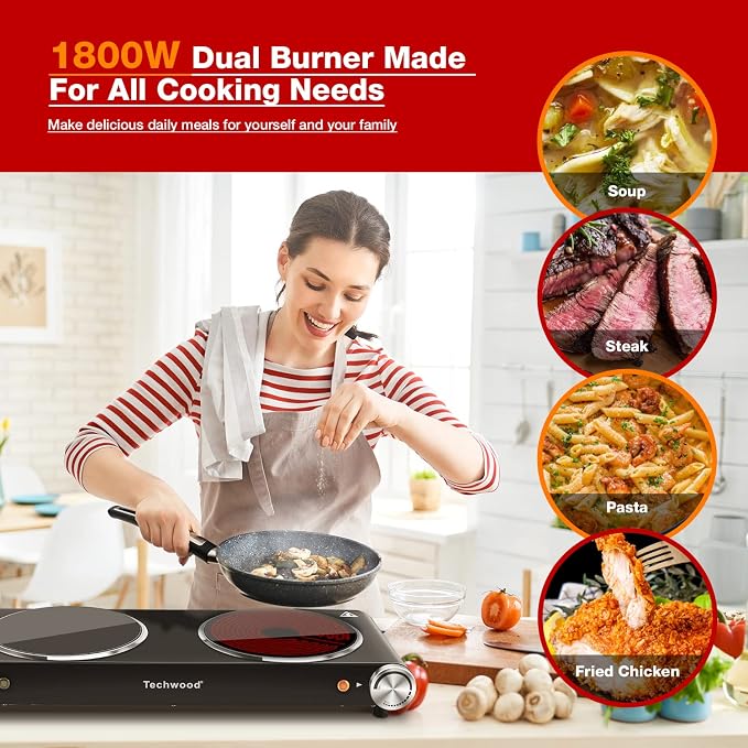 Hot Plate, Techwood 1800W Dual Electric Stove, Countertop Stove Double Burner for Cooking, Infrared Ceramic Hot Plates Double Cooktop, Brushed Stainless Steel Easy to Clean Upgraded Version, Black