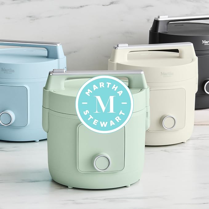 Martha Stewart Rice Cooker, 4 Cup (Uncooked) / 8 Cup (Cooked), Ceramic Non-Stick Removable Pot, Keep Warm, Measure Markings, Steam Basket, Brown & Sushi Rice, Quick Cook, Quinoa, Grains, Oats, Linen Cream