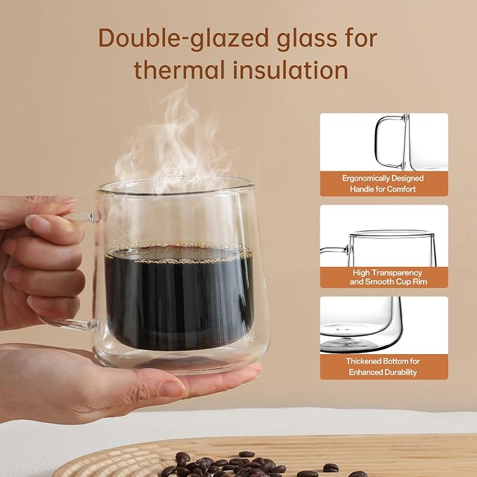 Aurzen 13oz Glass Coffee Mugs,Double Wall Insulated Glass Cups with Handle,Clear Espresso Mugs for Latte,Cappuccino,Tea Bag (2, 13oz)