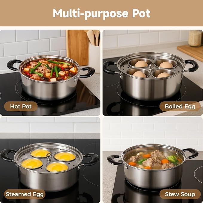 Egg Poacher Pan Nonstick 4 Eggs, Poached Egg Cooker, Poached Egg Pan, Stainless Steel Egg Poacher, Includes Stainless Steel Pot, 4 Cups, Silicone Brush & Spatula, Suitable for Multiple Stove Types (without coating)