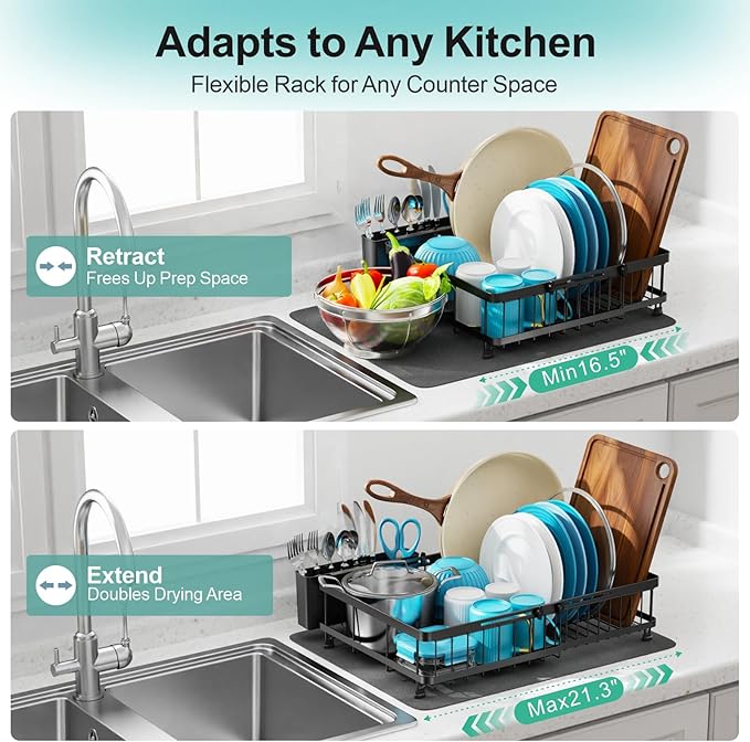 GSlife Family Size Large Capacity Expandable Dish Drying Rack with Absorbent Mat, Rust Resistant Dish Drainer for Plates Bowls Pots and Pans, 16.5"-21.3" L x 14.7" W, Black