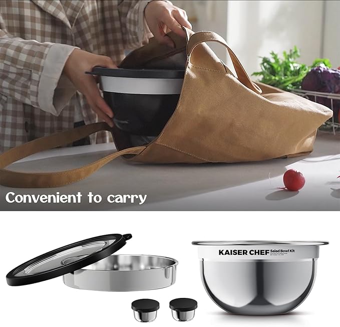 Salad Bowl Kit 74oz,Salad Container For Lunch,18/8 Stainless Steel,Salad Bowl With Lid, Includes 1.7oz Condiment Container and Removable Tray,Leak-Proof, Easy to Clean (Mirror)