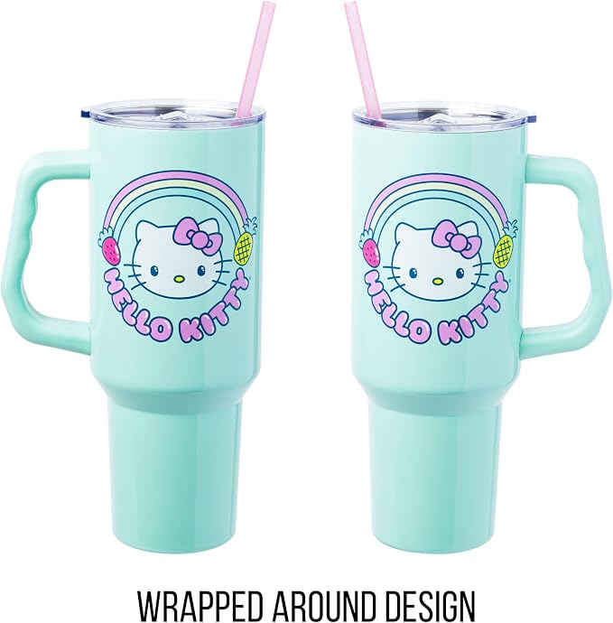 Silver Buffalo Sanrio Hello Kitty Kawaii Strawberry, Pineapple, and Rainbows Double Walled Stainless Steel Tumbler with Handle and Straw, Fits in Standard Cup Holder, 40 Ounces