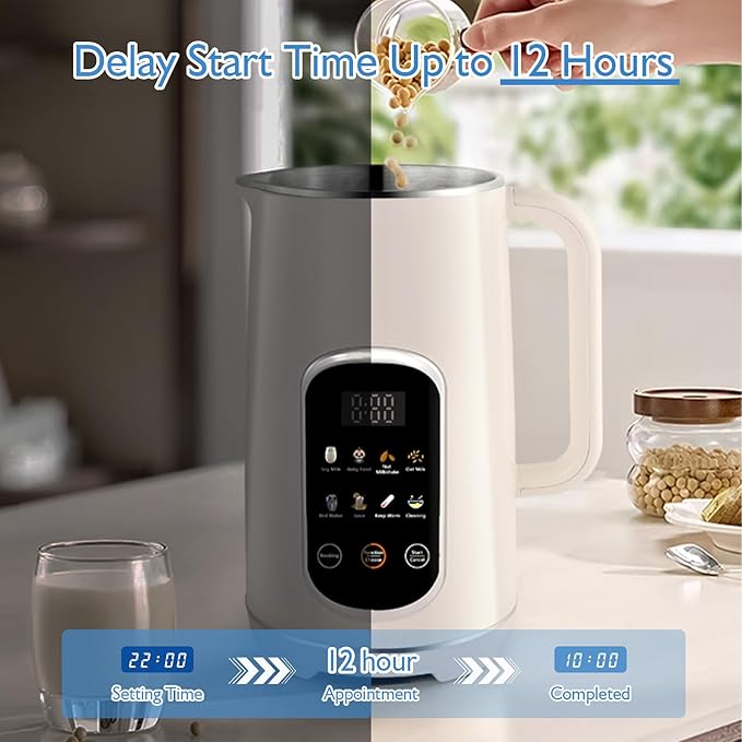 40oz Nut Milk Maker Machine, 8-in-1 LED Panel Touch Screen Soy Milk Maker for Homemade Almond, Soy & Oat, Plant-Based and Dairy Free Beverages with 12H Delay Start & Self-Cleaning (White)