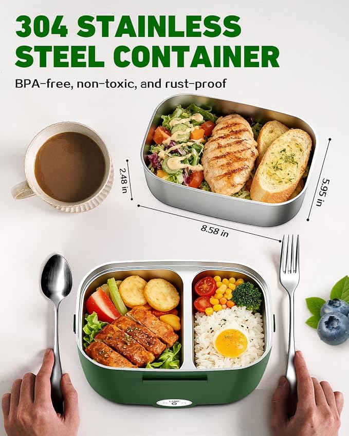 80W Electric Lunch Box Food Warmer for Car/Truck/Office, 110V/24V/12V Portable Heated Lunch Box for Adults, Dual 1.5L Stainless Steel Containers, Leak-Proof & Fast Heating, 3-in-1 Design