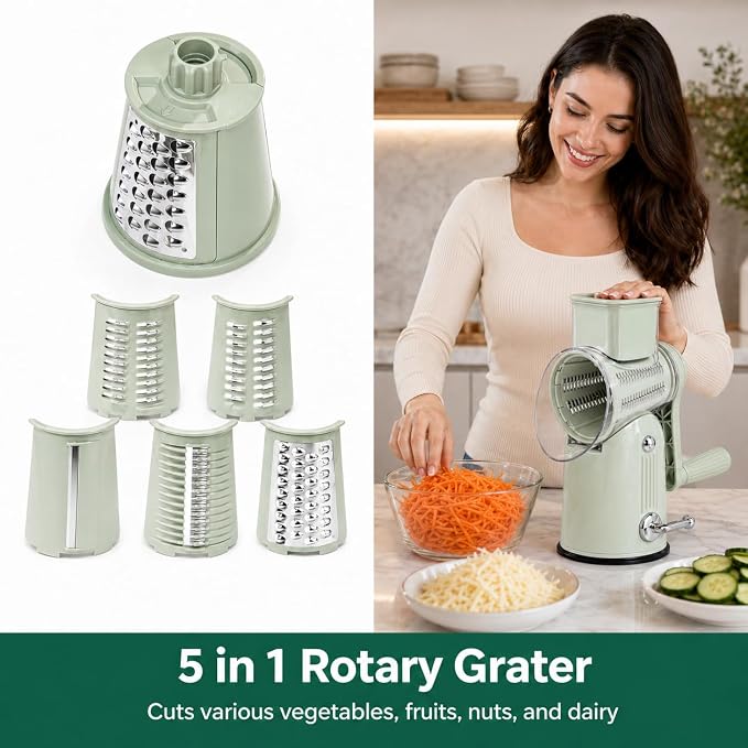 5 in 1 Rotary Cheese Grater with Hand Crank, 5 Replaceable Blades, Strong Suction Base, Multi-Functional Vegetable Slicer Shredder Chopper with Blade Storage Box for Fruit Vegetables Nuts(Green)