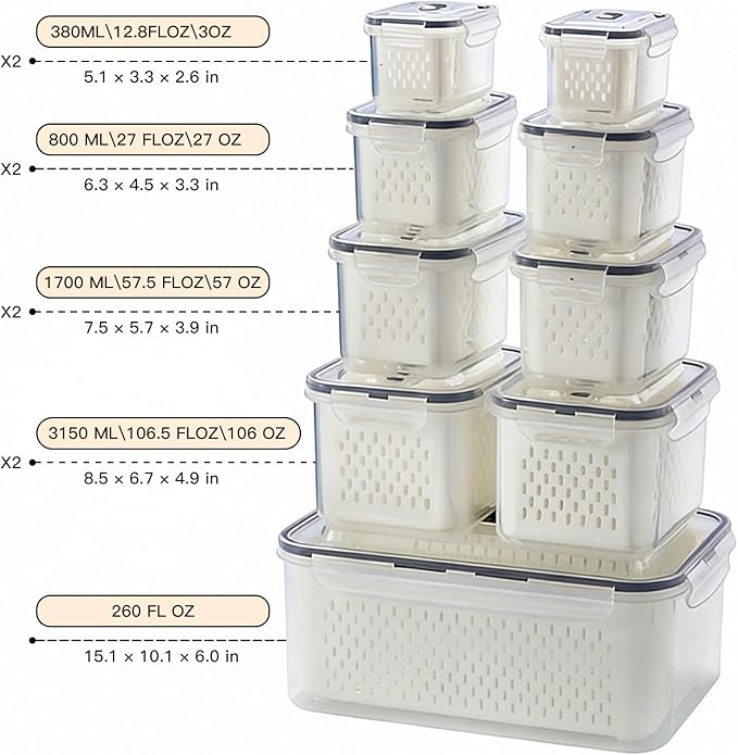 Produce Storage Containers Set with Drain Basket & Lid – Stackable Fridge Organizer Bins for Refrigerator – Fruit & Vegetable Storage Keeper, Berry Container, Lettuce Storage Box (6 Sizes) (9)