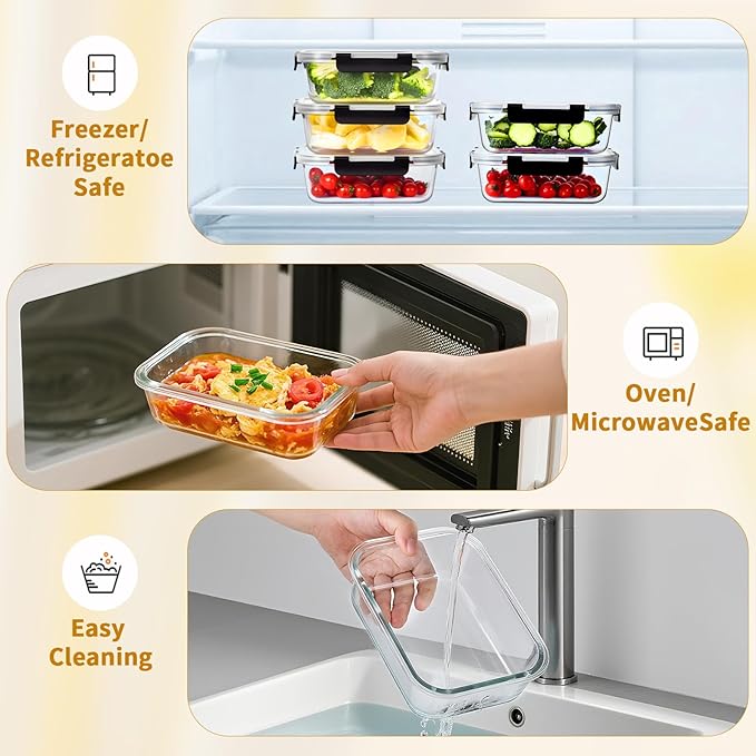 36 OZ Glass Food Storage Containers with Lids Set of 6, Meal Prep Containers for Lunch, 22 OZ Airtight Glass Lunch Containers Set of 6, Microwave, Oven, Freezer & Dishwasher Safe, BPA-Free