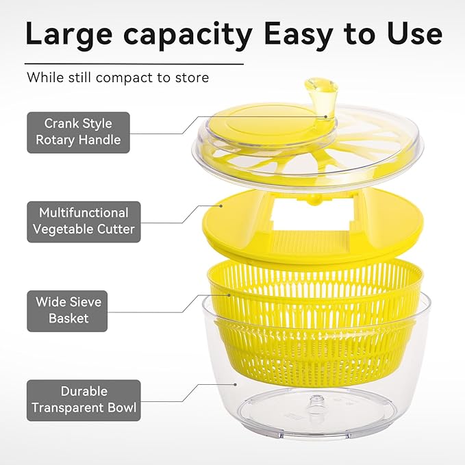 2-in-1 Salad Spinner & Mandoline Slicer Lettuce Spinner Vegetable Washer Dryer with 5 Interchangeable Blades, 5L Large Capacity, Easy to Clean, Food-Grade Kitchen Tool for Vegetables & Fruits