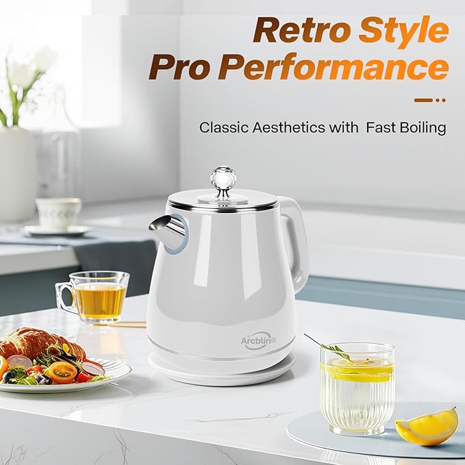 Retro Electric Tea Kettle 1.8L, BPA Free, Stainless Steel Electric Hot Water Kettle for Boiling Water, 1350W Fast Boil, Automatic Shut Off, Boil-Dry Protection,Pearl White