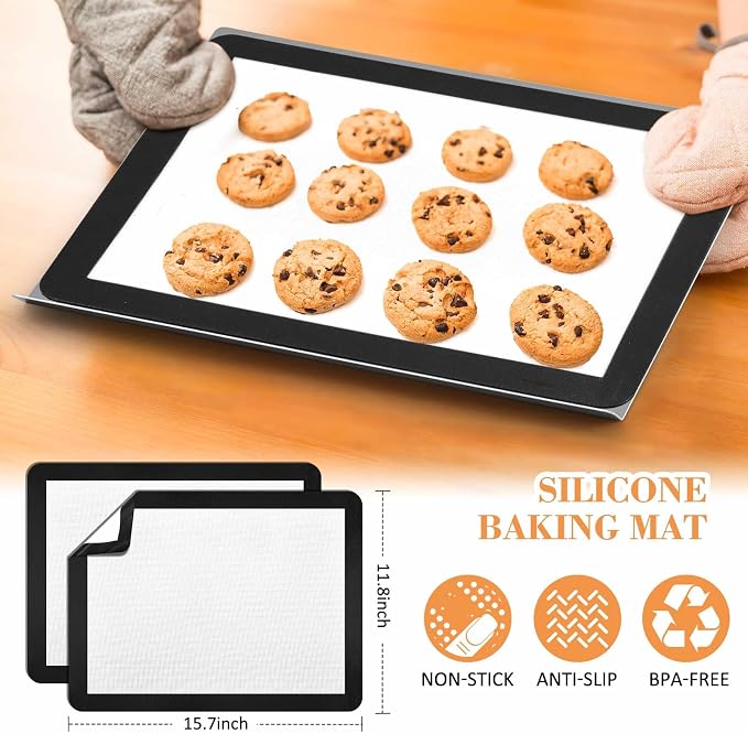Ziliny 2 Pcs Large Flat Cookie Sheets No Edges and 2 Pcs Silicone Baking Mats Aluminum Cookie Pan with Baking Mats Reusable Rectangular Oven Trays for Cooking Desserts Cupcakes, 16" x 13"
