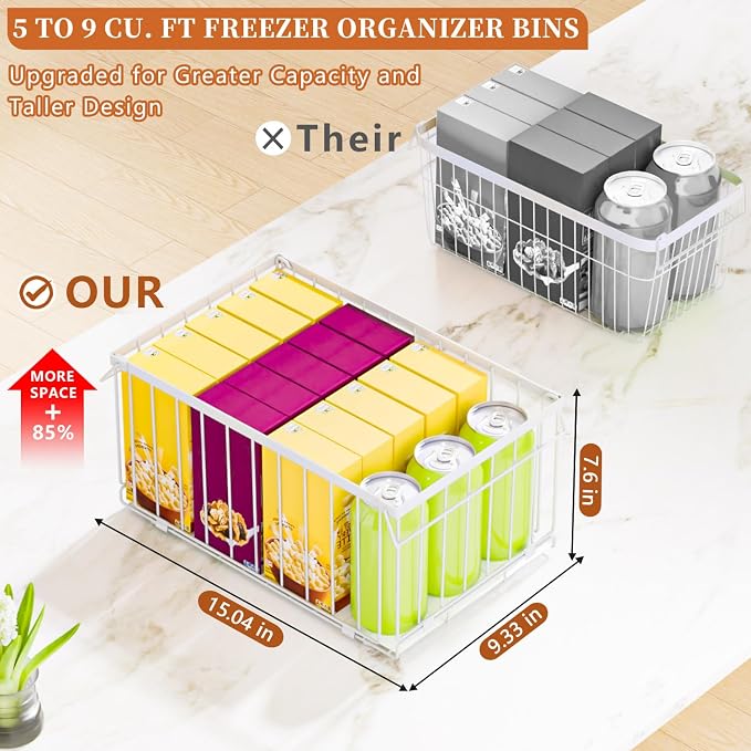 Large Freezer Organizer Bins, Upgrade Quick Expand/Collapse Feature, for 5-9 Cu.Ft Deep Freezer, 4 Pack Stackable Deep Freezer Organizer Bins, Black Wire Foldable Baskets White 4 Pack