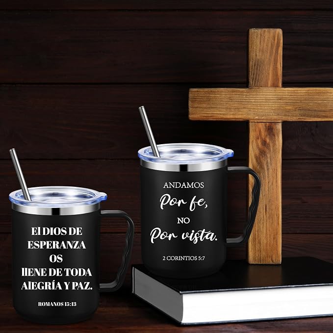 Sieral 12 Pcs Christian Gifts Coffee Mugs with Straw Lid 17 oz Religious Cups with Bible Stainless Steel Tumbler Inspirational Gifts for Women Men Pastor's Church Group(Black,Spanish)