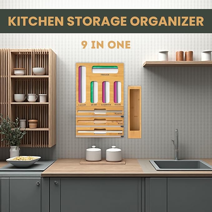 Ziplock Bag Organizer Bamboo Set with Aluminum Foil Organizer, All in One Baggie Organizer for Drawer, Zip Lock Bag Organizer for Kitchen Storage and Countertop Wrap Rolls