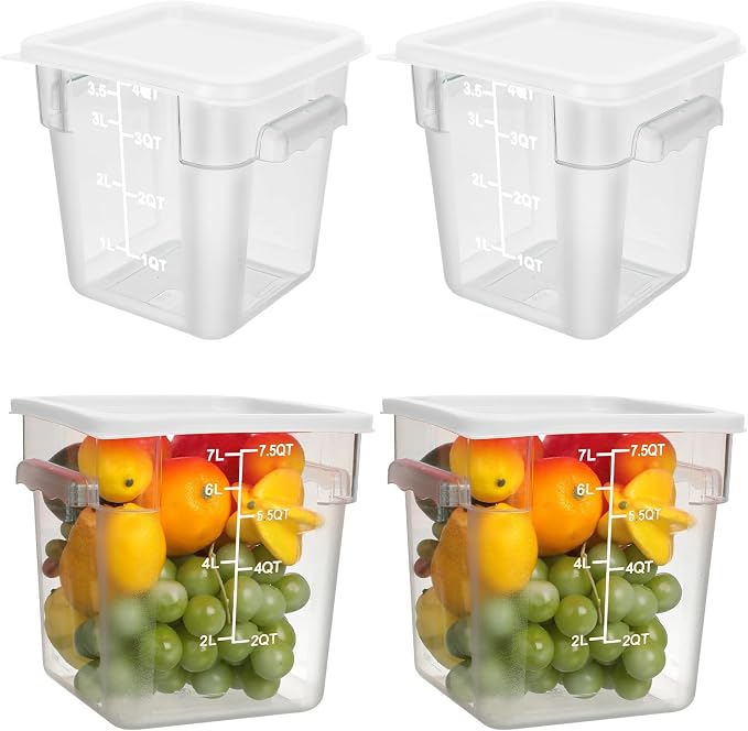 Lallisa 4 Pcs 8qt & 4qt Clear Food Storage Containers with Lids Handles and Scales, Stackable Plastic Square Food Storage Containers for Dough Proofing Baking Kitchen Restaurant(White)