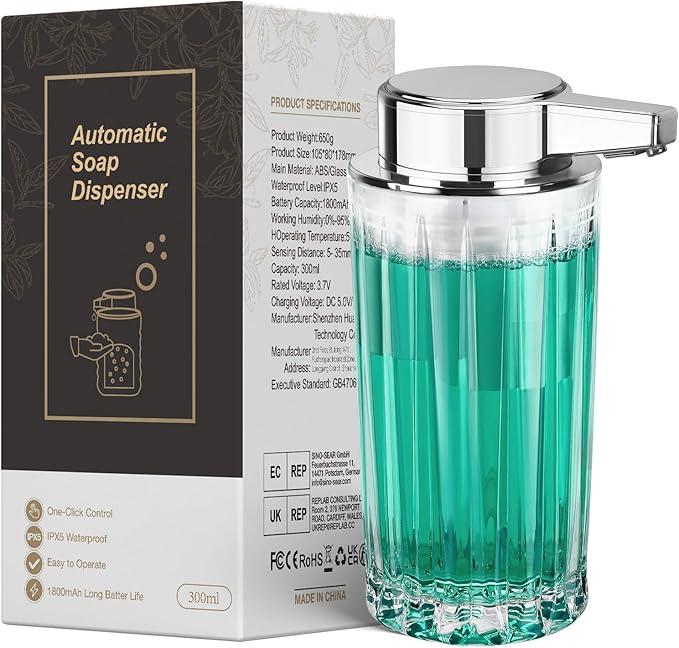 Automatic Soap Dispenser Liquid for Kitchen: 11 OZ Glass Touchless Clear Auto Soap Dispenser for Bathroom - Hand Dish Lotion Home Countertop Kids - Family Couple