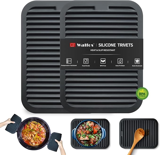 Walfos Trivets for Hot Dishes, Multi-Purpose Silicone Pot Holders, Hot Pads for Kitchen Hot Pots and Pans, Heat Resistant Silicone Mats for Kitchen Countertops, Non-Slip, 2 Pack, Black