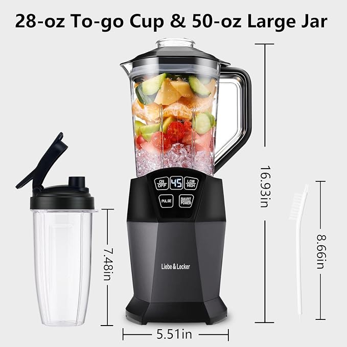 Liebe&Lecker Countertop Blender, 1200W Kitchen Mixer with 50-Oz Jar | Professional Blender with 28-Oz To-Go Cup, 4 Preset Programs for Smoothies, Shakes & Purees, Zero BPA, Matte Black