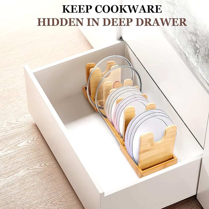Bamboo Pot Lid Organizer, Pots and Pans Organizer Inside Cabinet, Pot Lids holder for Kitchen Countertop