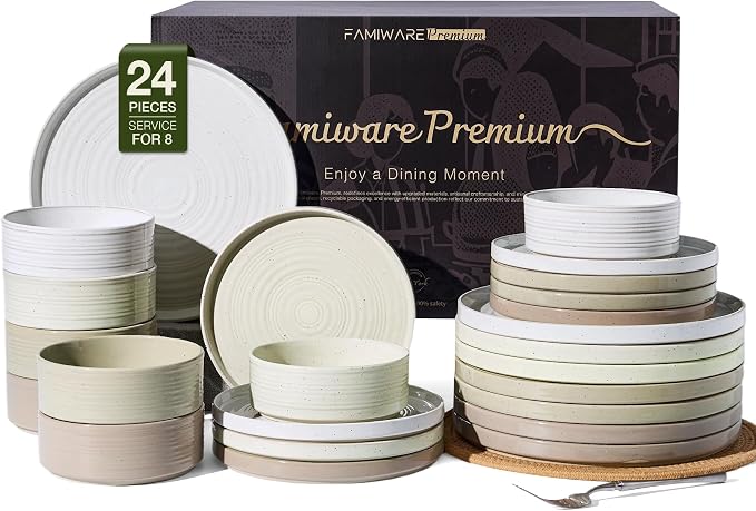 Stoneware Dinnerware Sets for 8, 24-Piece High Edge Plates and Bowls with Speckled Glaze & Spiral Design - Chip & Scratch Resistant, Microwave & Dishwasher Safe - Gift Box, Multicolor