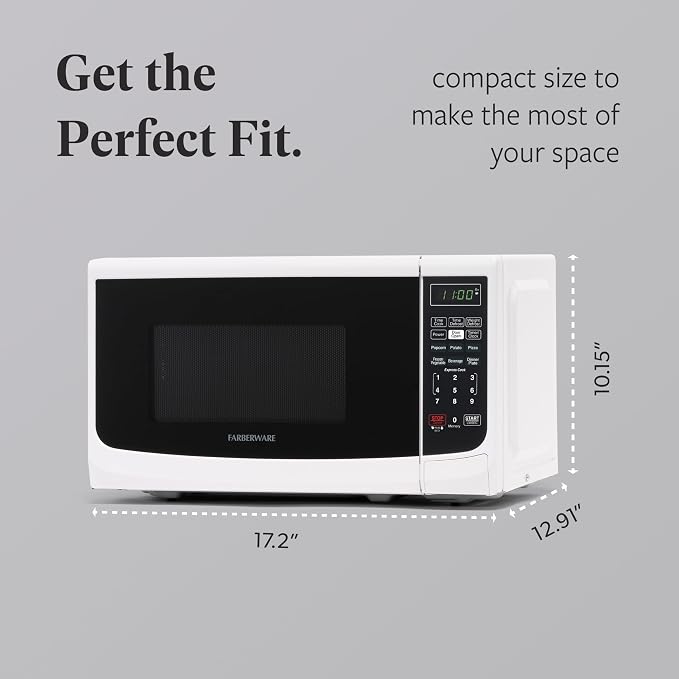 Farberware 0.7 Cu. Ft. Countertop Microwave Oven – 700 Watts Power, Auto Cook Settings, Defrost, Easy Clean and Child Safety Lock - White