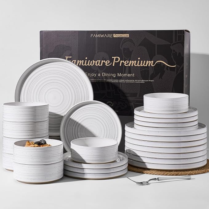 24-Piece Reactive Glaze Stoneware Dinnerware Sets for 8 - High Edge Plates and Bowls with Speckles & Spirals - Chip & Scratch Resistant, Microwave & Dishwasher Safe - Gift Box, White