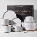 24-Piece Reactive Glaze Stoneware Dinnerware Sets for 8 - High Edge Plates and Bowls with Speckles & Spirals - Chip & Scratch Resistant, Microwave & Dishwasher Safe - Gift Box, White