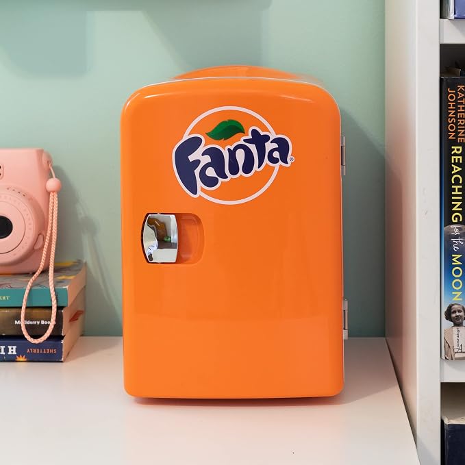 Fanta Mini Fridge - 6 Can Refrigerator for Bedroom Office, Portable Table Top Beverage Cooler, 12V 110V Refrigerador For Drinks, Soda, Wines, Use In Car, Dorm, Outdoor, Patio