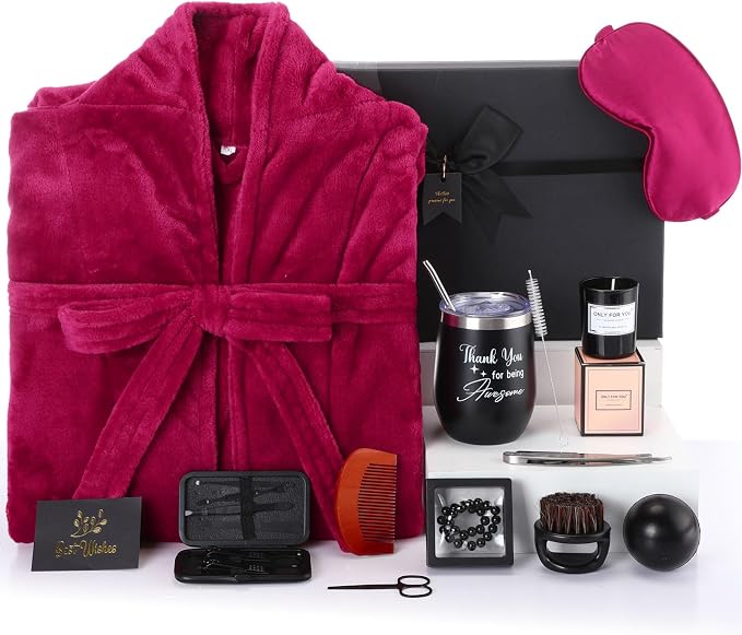 Nuogo 15 Pcs Birthday Gifts for Men Beard Care Set for Him Dad Birthday Gifts Basket Ideas Kit for Men Tumbler Bath Robe for Father's Day Dad Husband Boyfriend Box(Unhooded,Wine Red)