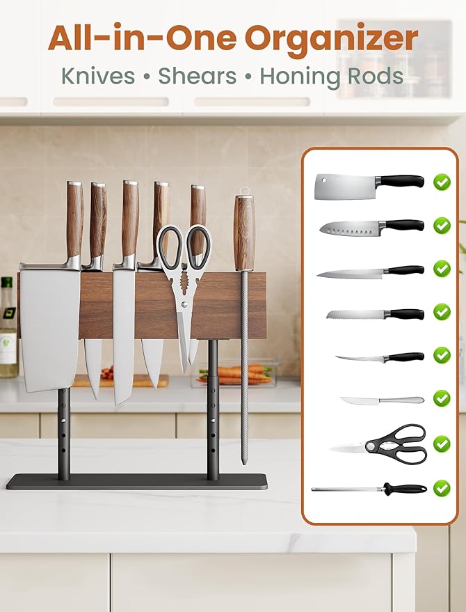NiHome Magnetic Knife Holder, Adjustable Height (8.66–11.81") Acacia Wood Knife Block, Double-Sided Magnet Stand with Heavy Duty Metal Base, Non-Slip Organizer for Kitchen Countertop