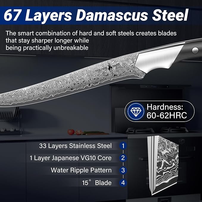Golden Bird Butcher Breaking Knife for Meat Cutting, 8 Inch Damascus Boning Knife, VG10 Brisket Trimming Knives, Flexible Fillet Knives, Japanese Slicing Knives with Wood Handle,Gifts for Men