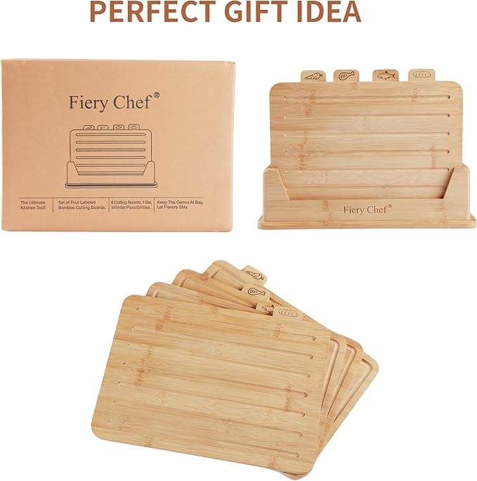 Fiery Chef 14.56"L x 11"W Bamboo Cutting Board Set of 4 - Wood Cutting Board Set with Holder, Chopping Boards Set with Food Icons, Juice Groove - Ideal for Meat, Fish, Bread, Vegetable, Fruit Chopping