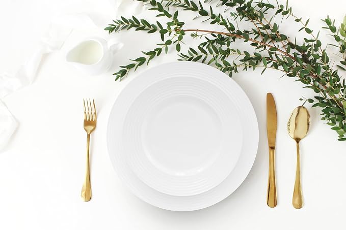Bone China Dinnerware, 20PC Set, Service for 4, White Embossed, circle, Microwave Safe, Translucent, Elegant giftware, Dish set, Essential Home, Kitchen Dishes, Dinner Set