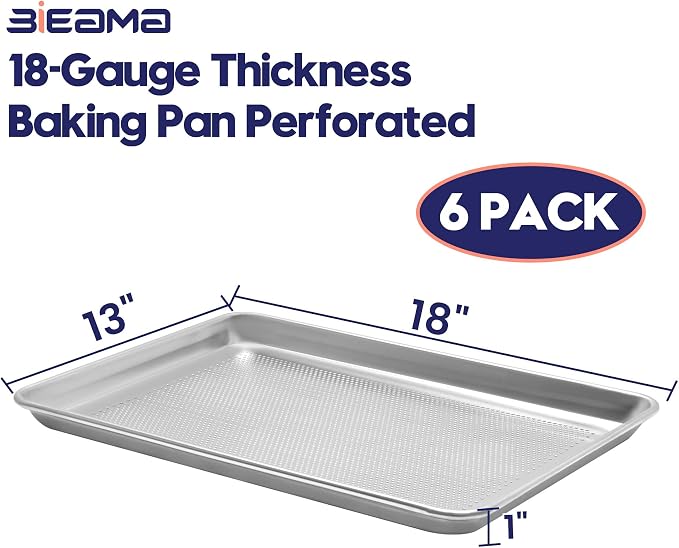 BIEAMA 6 Pack Perforated Half Size 18" x 13" Baking Sheet Pan | Aluminum Commercial Bakery Equipment Cookie Sheets, NSF Approved Baking Tray