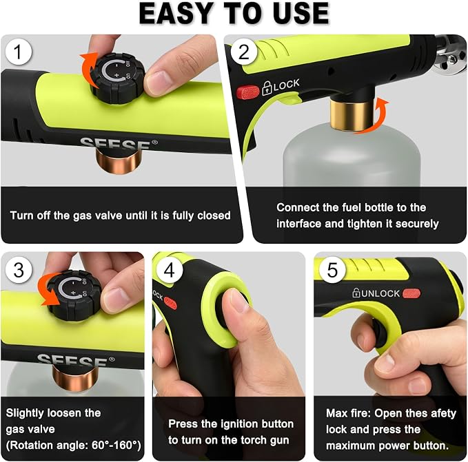 Powerful Propane Torch Gun,Kitchen Cooking Torch With One-Touch Max Fire, Charcoal Lighter with a Safety Lock, Adjustable Blow Torch for Sous Vide, BBQ, Campfire, Fireplace(Tank Not Included)