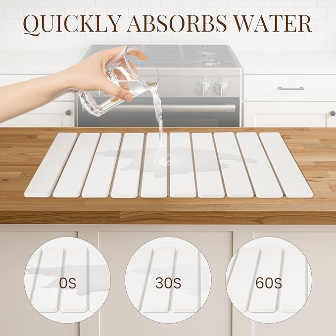 Large Stone Dish Drying Mats for Kitchen Counter 24"(L)×16"(W) Foldable Quick Dry Stone Dish Drying Mats Kitchen Absorbent Diatomaceous Earth Drying Stone Mat for Dishes Bottles Cups White