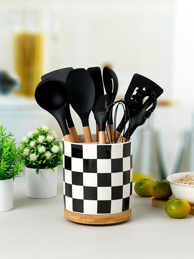 LoeJan 3 Compartment Utensil Holder, Extra Large Utensil Crock, Stable Ceramic Utensil Organizer, Cooking Tool Organizer Set for Kitchen Counter Farmhouse Decor (G-Black(Square))