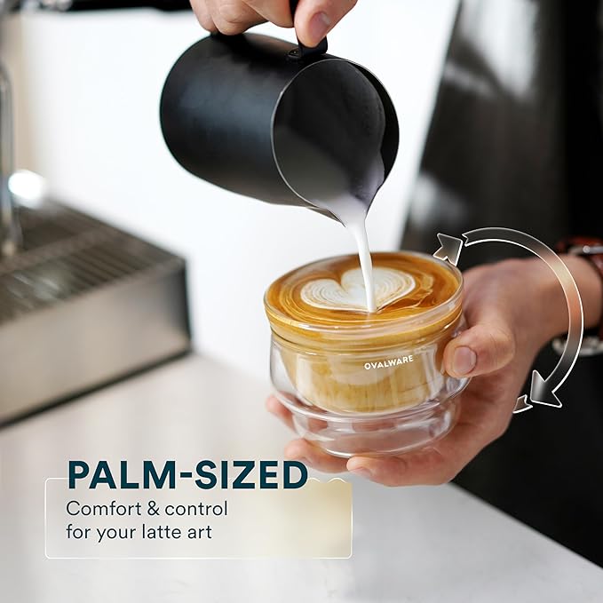 ovalware 8.5oz Double Wall Latte Cups, Latte Set of 2 Palm-Sized Cups with Wide Rim for Latte Art - Clear Design and Espresso Pouring Glass Set of 2 | Double-Wall 2.7oz/80ml Shot Measuring Cup
