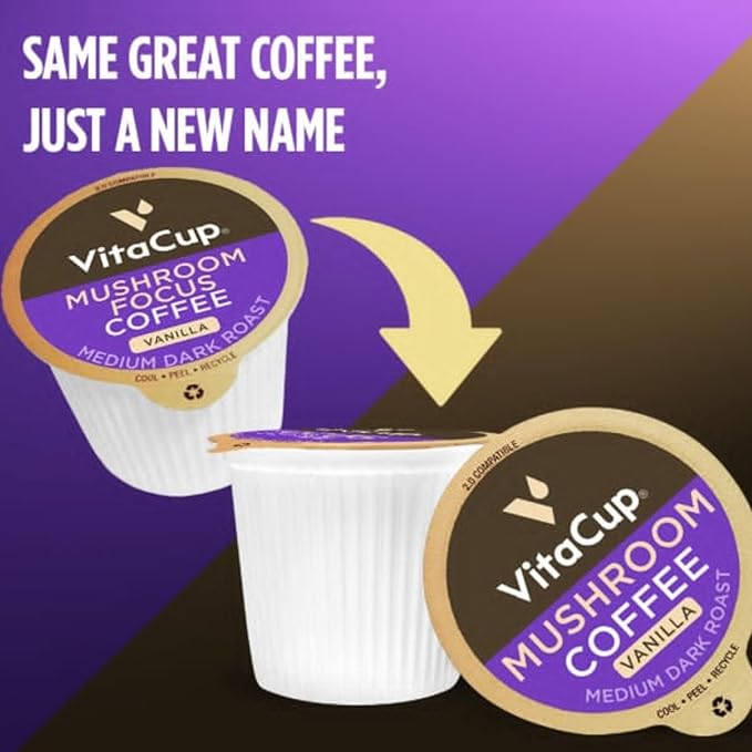VitaCup Mushroom Coffee Pods, Vanilla Flavored Coffee with Chaga, Lion’s Mane, Vitamins, Medium Dark Roast Arabica Beans, Single Serve Pods Compatible with Keurig K-Cup Brewers, 64 Ct