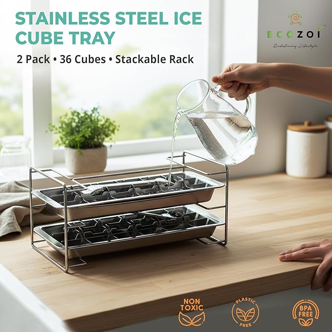 Ecozoi Stainless Steel Ice Cube Tray - 2 Pack of 18-Slot Metal Ice Cube Trays with Easy Release Lever - Plastic-Free, Eco-Friendly, Stackable Retro Vintage Ice Trays for Bars & Kitchens