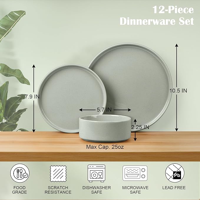 E-far Stoneware Dinnerware Sets, 12-Piece Plates and Bowls Dish Set for 4, Kitchen Modern Dinning Ware, Chip and Scratch Resistant, Microwave & Dishwasher Safe, Speckled Green