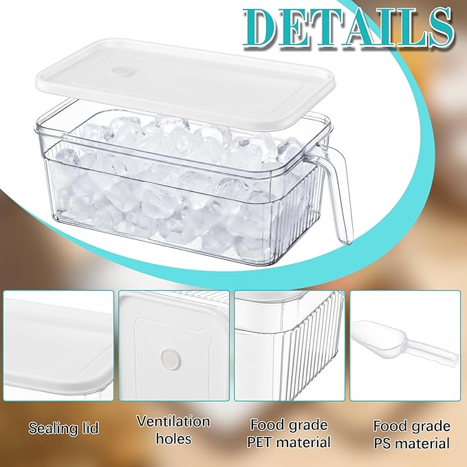 Havawish 4 Pcs Ice Storage Bin for Freezer with Lid and Flexible Scoop Set Plastic Ice Container with Lid Handle for Home Office Fridge Storage (12.6 x 6.3 x 4.33 Inches,White)