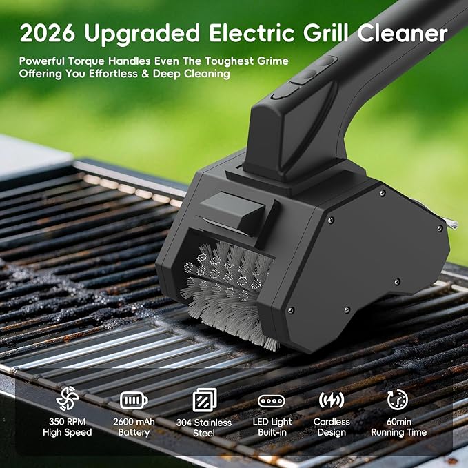 2026 Upgraded Electric Grill Cleaner,Electric Grill Brush for Outdoor Grill,Electric BBQ Grill Brush with 2 Brush Head,BBQ Grill Cleaner Up to 350 RPM Speed,Grill Cleaner Tool for Men/Dad