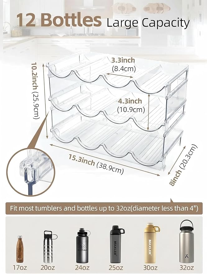 Water Bottle Organizer - 3 Pack Clear Stackable Bottle Storage Rack and Wine Rack for Stanley Yeti Bottle and Other Tumbler Organizer for Kitchen Cabinets, 3 Tier Hold 12