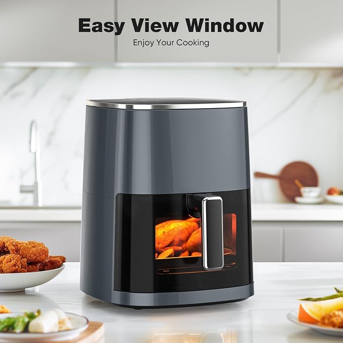 Sweetcrispy Air Fryer 6QT with Window, Square Airfryer Oven 12-in-1 for Family, 400°F Rapid Air Crispy Technology, Roast Bake Dehydrate, Nonstick & Easy-Clean Basket, Grey