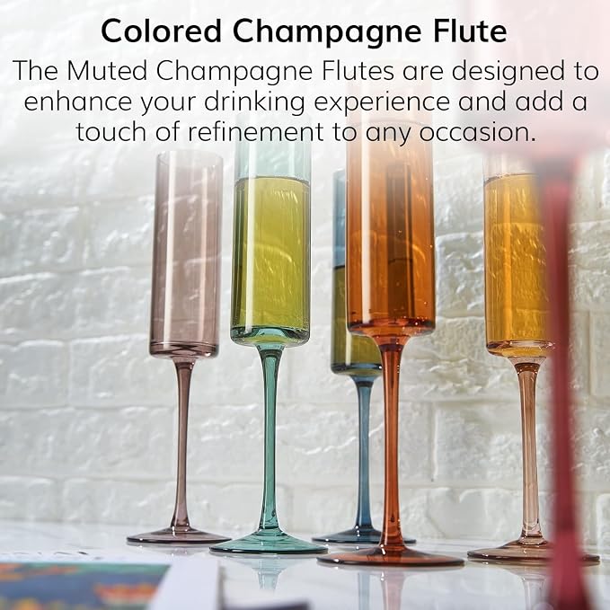 Khen Colored Champagne Flute Stemmed Glasses | Set of 6 | 6oz Art Deco Stemmed Martini Muted Vintage Glasses for Champagne, Cocktail, Margarita, Wedding Glass, Gift Idea, Muted Pastel Colors Unique