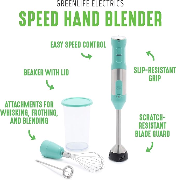 GreenLife 500-Watt Immersion Electric Handheld Stick Blender with Stainless Steel Blades, Whisk, Frother, Measuring Cup and Lid, Soups, Puree, Cake, Multi-Speed Control, Portable, Turquoise